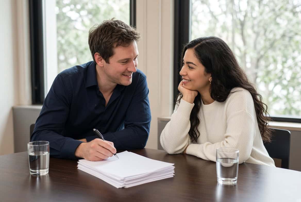Two people discussing paperwork at a table