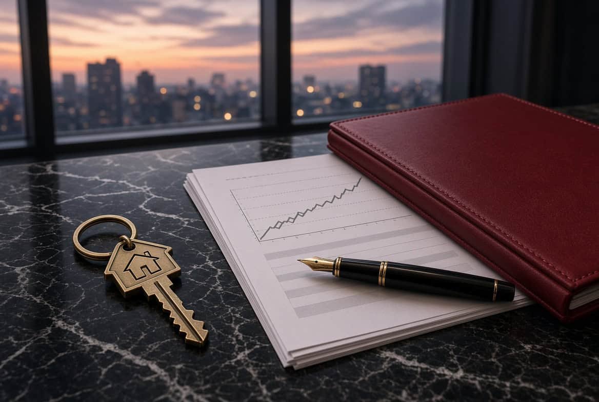 House key and real estate closing paperwork on a desk
