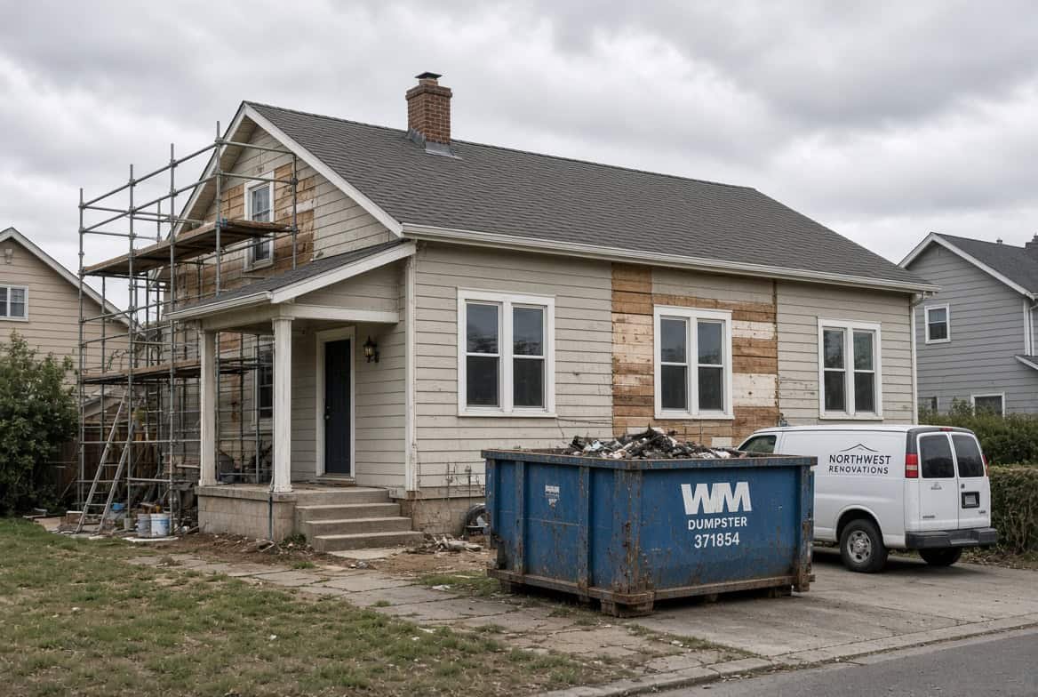 Residential property undergoing exterior renovation, with scaffolding and renovation equipment visible